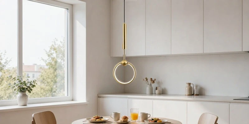 Linear brass chandelier in a kitchen nook Linear brass chandelier in a kitchen nook